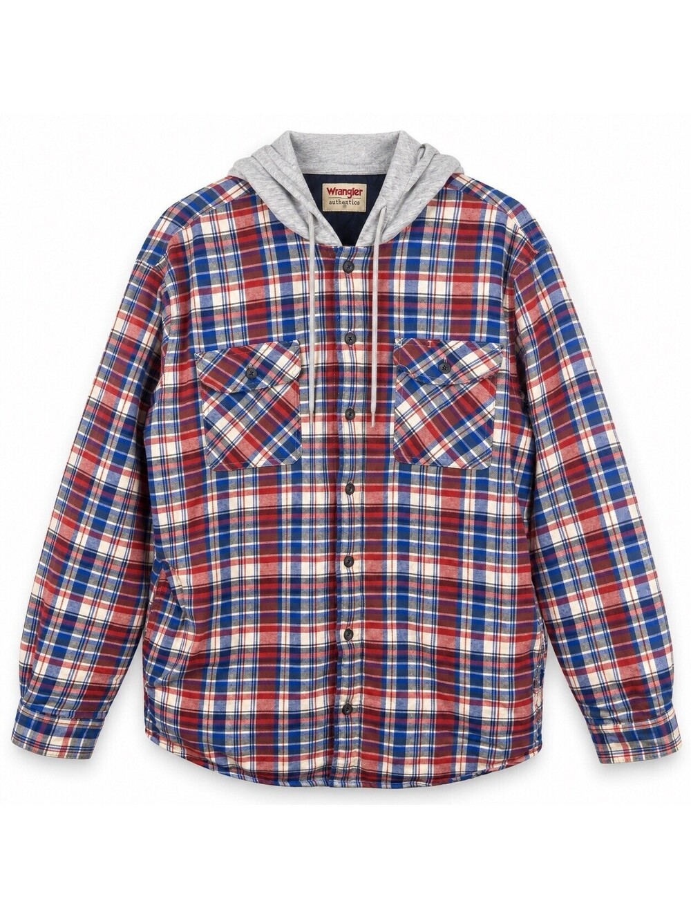 Wrangler Authentics Jacket Mens L Hooded Flannel Plaid Quilted Lined Shacket